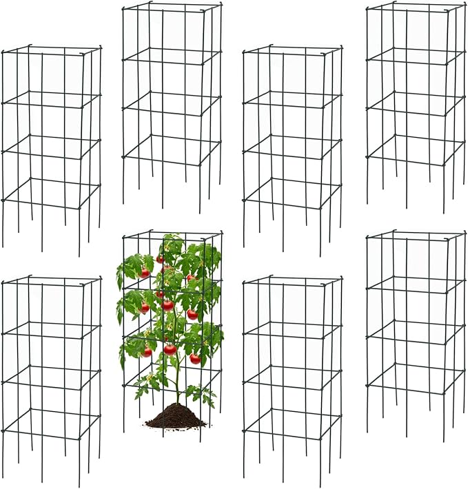Giantex 8 Pack Folding Tomato Cages, 39" Square Plant Support Cage, Metal Tomato Trellis for Garden, Pots, Climbing Plants, Vegetables, Flowers, Fruits