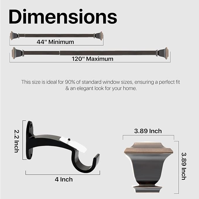 Deco Window Adjustable Curtain Rod for Windows 44 to 120 Inch (Pack of 2) Extendable Heavy Duty 1 Inch Iron Drapery Pole with Finials Wall Mounted French Door Curtain Rods (Bronze)