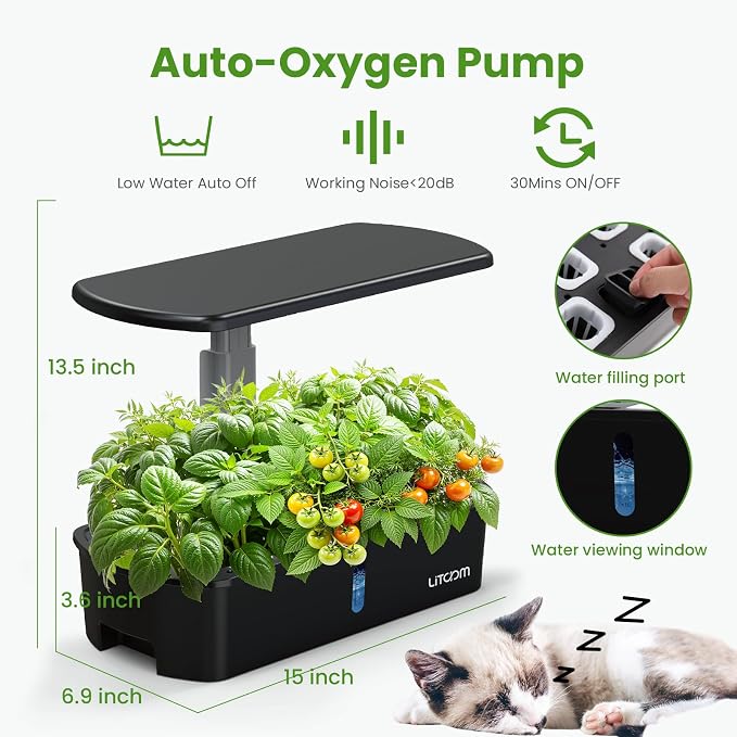 litokam 12-Pod Hydroponics Growing System Kit with LED Grow Light, 24W 3.5L Indoor Herb Garden Planter with Quiet Water Pump, 24H Timer 2 Grow Modes Hydroponics Garden for Home Kitchen Office Gifts