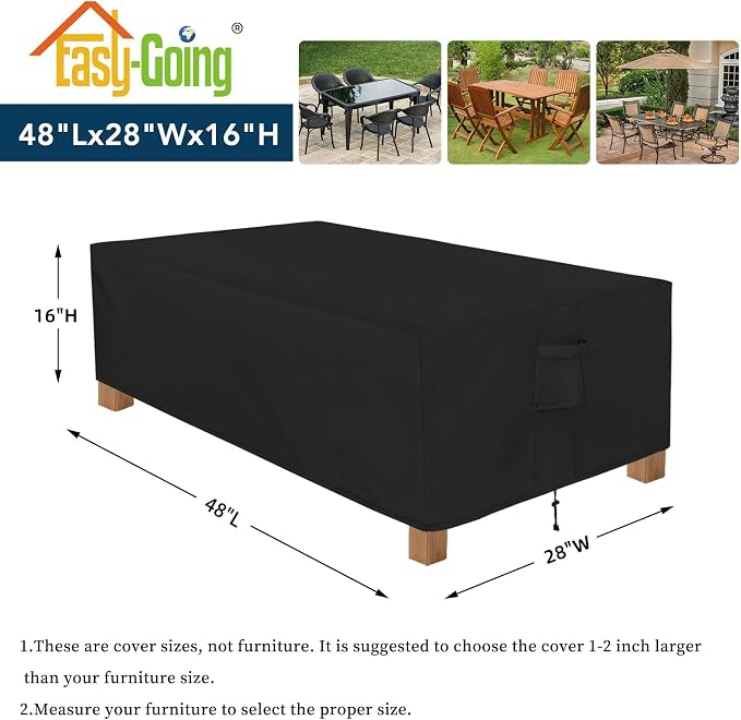 Easy-Going Patio Furniture Cover Waterproof Outdoor Rectangular Coffee Table Cover with Seal Tape at Seams (48"L x 28"W x 16"H, Black)