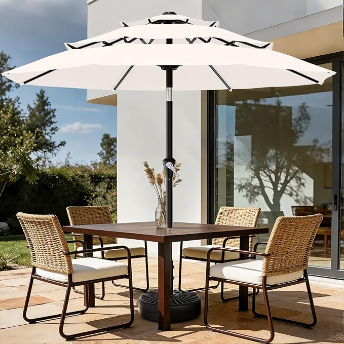 AreShark 9ft 3-Tier Patio Umbrellas, Outdoor Umbrella with 8 Sturdy Ribs UV Protection Windproof, Market Table Umbrella w/Push Button Tilt & Crank for Pool, Porch, Deck, Garden(Cream White)