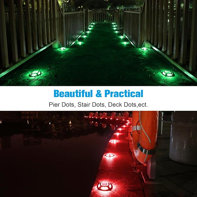 VOLISUN Christmas Solar Driveway Lights Dock Marine Lights 4 Pack,2 Colors in 1,Outdoor LED Deck Lights,Solar Powered Waterproof Warning Step Lights for Driveway Sidewalk Pathway (Red/Green)