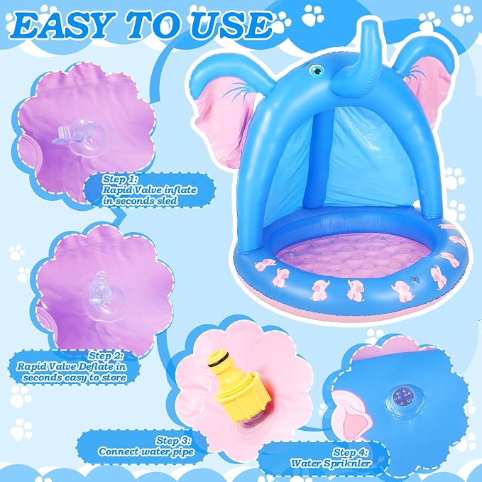47 Inches Baby Pool with Canopy Elephant Inflatable Baby Swimming Pool with Soft Floor Bottom and Built in Sunshade Water Sprinkler for Kids Outdoor Indoor Game Play Center