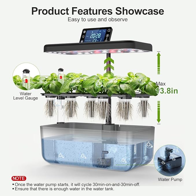 Hydroponics Growing System Kit with Seeds, 12-Pod Indoor Garden with 24W Full-Spectrum LED Grow Light, Smart LCD Control and 7L Water Tank for Herbs, Lettuce, Vegetables and Flowers(Black)