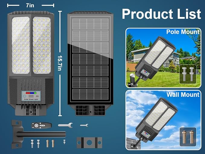 Solar Street Lights Outdoor,Solar Parking Lot Lights Commercial Street Light Dusk to Dawn,7000K LED Security Flood Light with Pole Motion Sensor and Remote Control for Street,Court,Yard