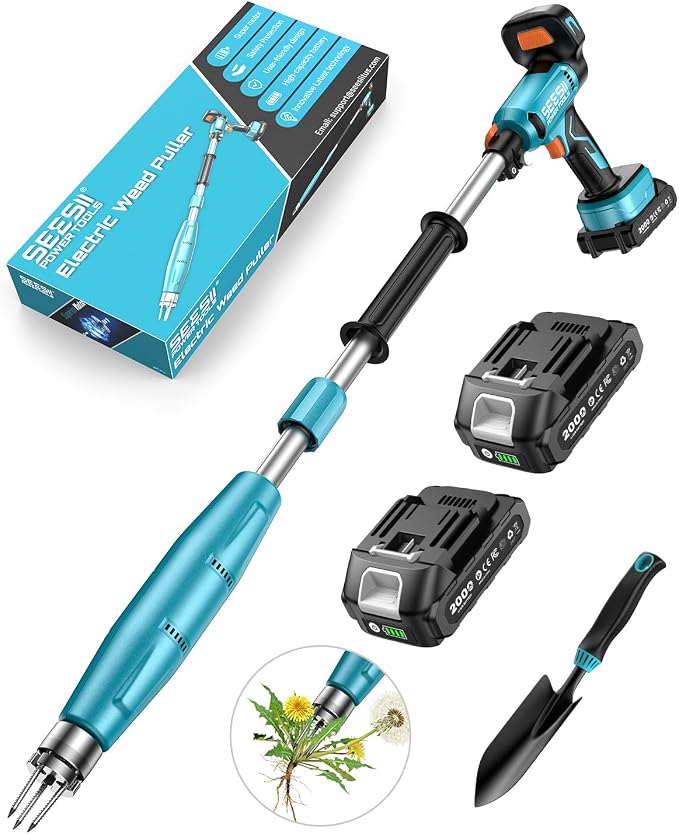 SEESII Stand-Up Weed Puller Tool with 40"-47" Adjustable Handle, High-Power 3-Claw Stainless Steel Spiral, 4S Deep Root Removal, One-Button Eject, Dandelion Remover & Crabgrass Puller for Garden