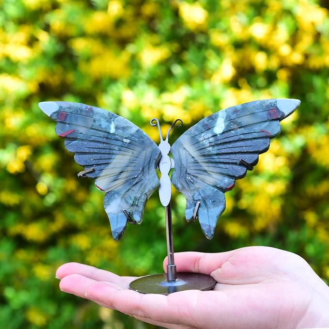JIC Gem Natural African Bloodstone Raw Crystals Butterfly Figurine Decorative Rocks Stones Healing Crystal Carved Angel Wings with Display Decor Reiki Gifts (1pair, 10cm)