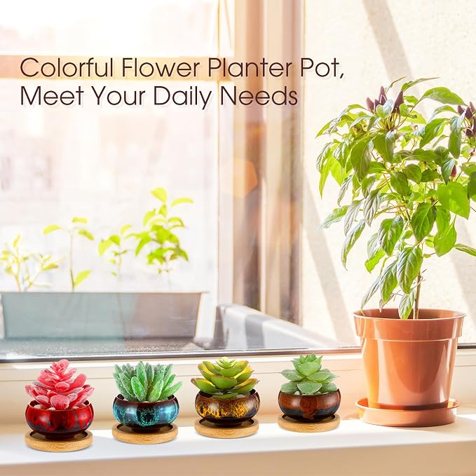 48 Pcs Ceramic Succulent Pots 2.5 Inch Small Plant Pots Indoor with Drainage and Bamboo Saucers Colorful Succulent Flower Planters for Garden Plants Home Decor