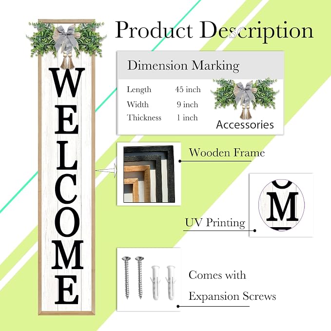 Welcome Sign for Front Porch Standing 45"X9" Large Vertical Farmhouse Outside Front Door Sign Leaner Tall Vintage Outdoor Wreath Patio Garden Wood Framed Decorations (Wood White)