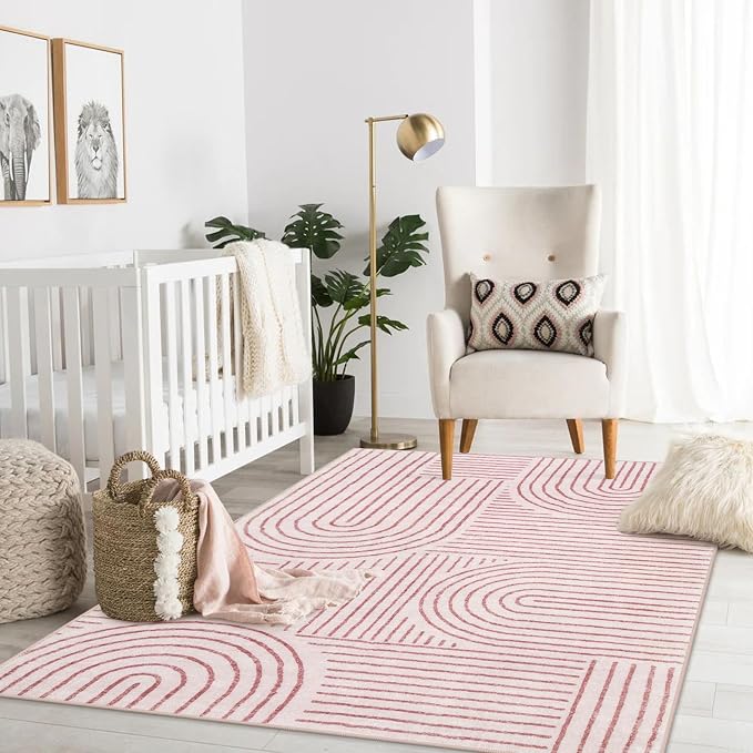 Lahome Abstract Washable Pink Rug, 4x6 Rugs for Bedroom Nursery Living Room | Non Slip Modern Rug Ultra-Thin Non-Shedding Throw Carpet for Entryway Kitchen Office(4'x6', Pink)