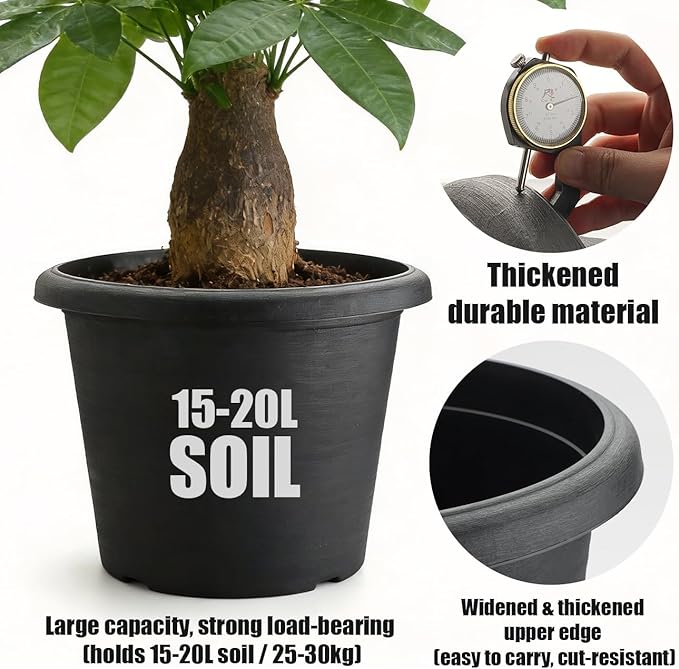 4 Pack 14 Inch Plastic Planter Pots with Drainage Holes - Heavy Duty 20L Capacity Large Outdoor Planters for Planting Medium Large Plants, Raised Base, Cement Textured Garden Container Flower Pots