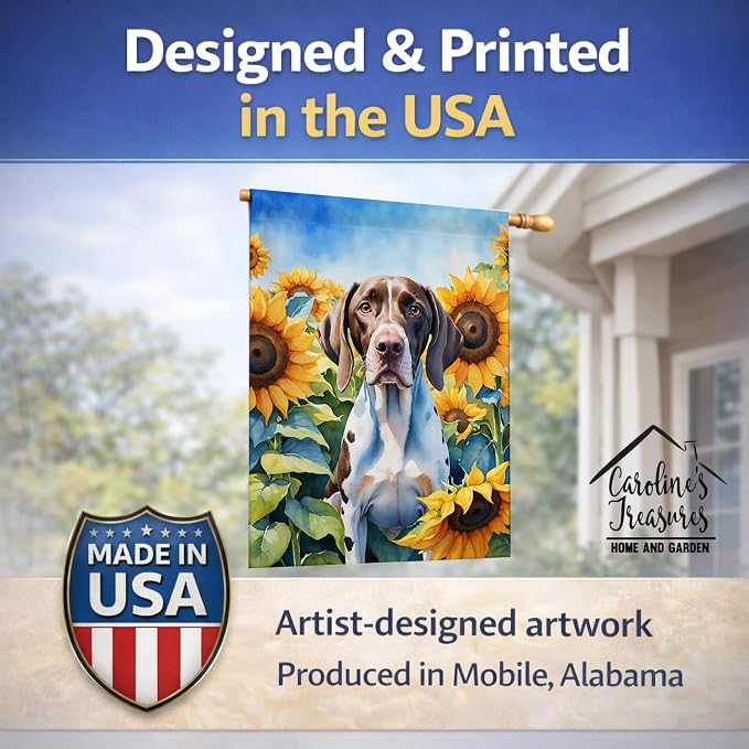 Caroline's Treasures DAC6134CHF Pointer in Sunflowers House Flag Large Porch Sleeve Pole Decorative Outside Yard Banner Artwork Wall Hanging, Polyester, House Size, Multicolor