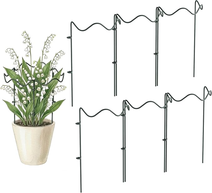 6 Pack Plant Support Stakes, Wavy Metal Garden Plant Stake, Peony Cages and Supports, 10"(W) x 16" (H) Flower Support Ring for Peonies, Hydrangea