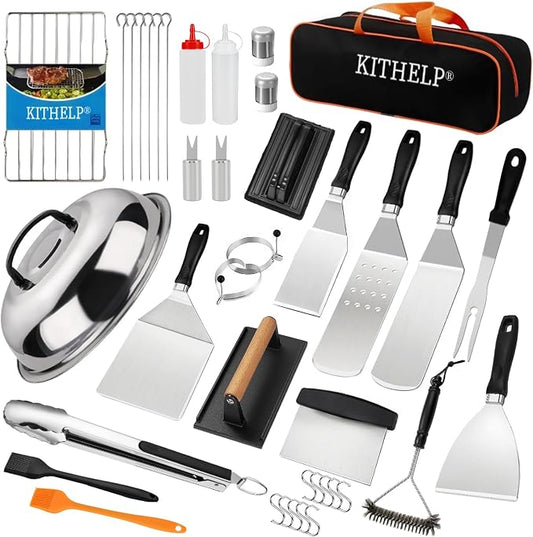 40PCS Griddle Accessories Kit, Flat Top Grill Accessories Set for Camp Chef, Griddle Spatula Set with Burger Press, Scraper, Tongs and Carry Bag for Outdoor BBQ