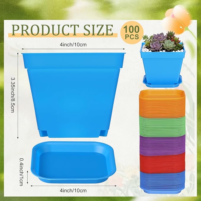 Amyhill 100 Pcs 4 Inch Flower Pots Square Plants Nursery Pot Plastic Plant Seedling Pots Small Nursery Transplanting Planter Container with Saucer for Indoor Succulent Balcony Garden (Colorful)