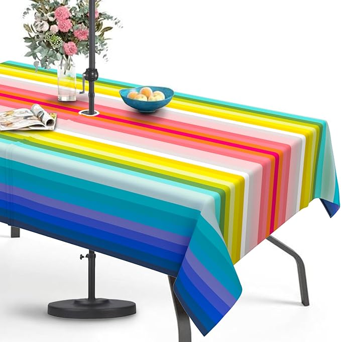 Mexico Strip Outdoor Tablecloth with Umbrella Hole 60" x 84" Waterproof Zipper Table Cloth for Garden - Ideal Patio Table Cover for Picnics, Camping, and Yard Use