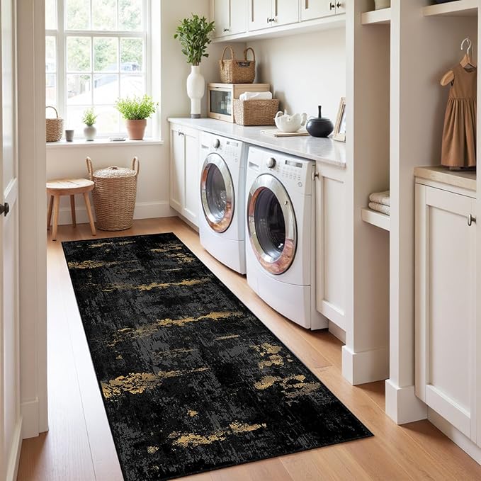 RELEANY Washable Runner 2'x6' Abstract Area Rug for Hallway Black Gold | Carpet for Kitchen, Entryway, Bathroom, Living Room, Bedroom, Printed Pattern, Non‑Slip, Soft, Stain‑Resistant, Easy to Clean