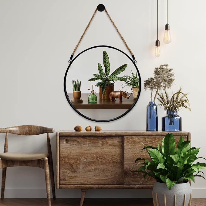 POZINO 15" Small Round Rope Hanging Mirror with Black Metal Frame | Circle HD Mirror with Jute Rope, Anti-Rust, Farmhouse Decorative Wall Mirror for Entryway, Living Room, Fireplace, Bedroom