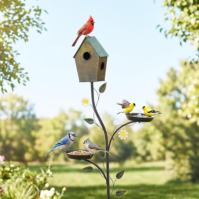 VINGLI 74.8" H Metal Bird Bath with Bird House, Outdoor Bird Bath with Stakes, 3-in-1 Bird Feeder for Patio, Garden, Yard, Lawn (Top-Fixed Bird House)