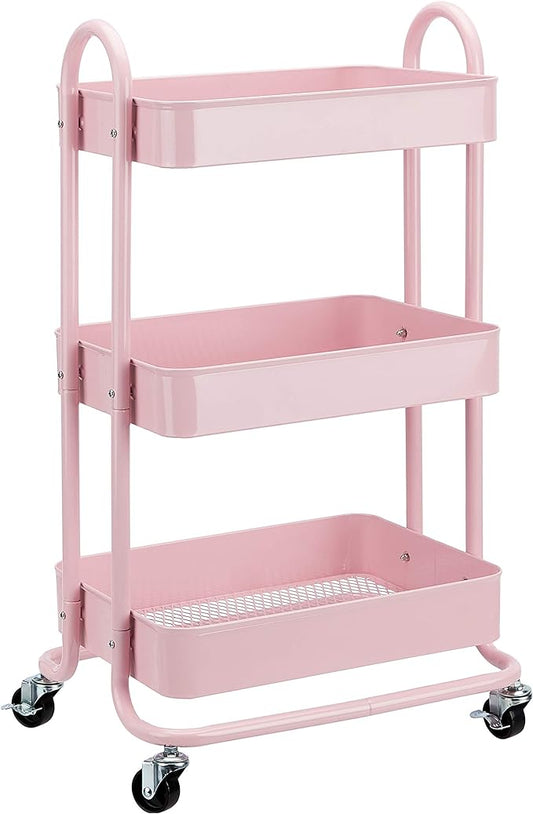 Amazon Basics 3-Tier Rolling Utility or Kitchen Cart, Lockable Wheels, Multifunctional Storage, Metal Storage Organizer, Portable, Dusty Pink