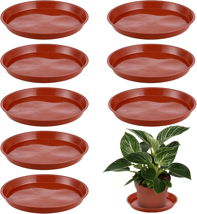 8 Pack 11.5 Inch Plant Saucers for Indoors Outdoors Plastic Plant Water Catcher Trays No Holes Round Flower Pot Drip Trays, Heavy Duty Plant Pot Saucers Water Drainage Trays, Terracotta