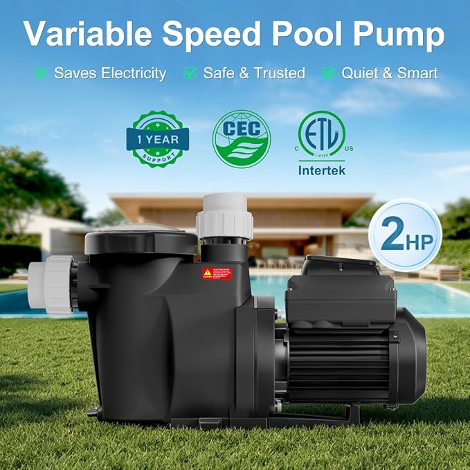 Variable Speed Pool Pump 2.0HP, Inground Pool Pump | with CEC Certified & ETL, Energy Efficient, Ultra Quiet, Built-in Timer, High Flow, Self-Priming, 230V, 1-Year Warranty