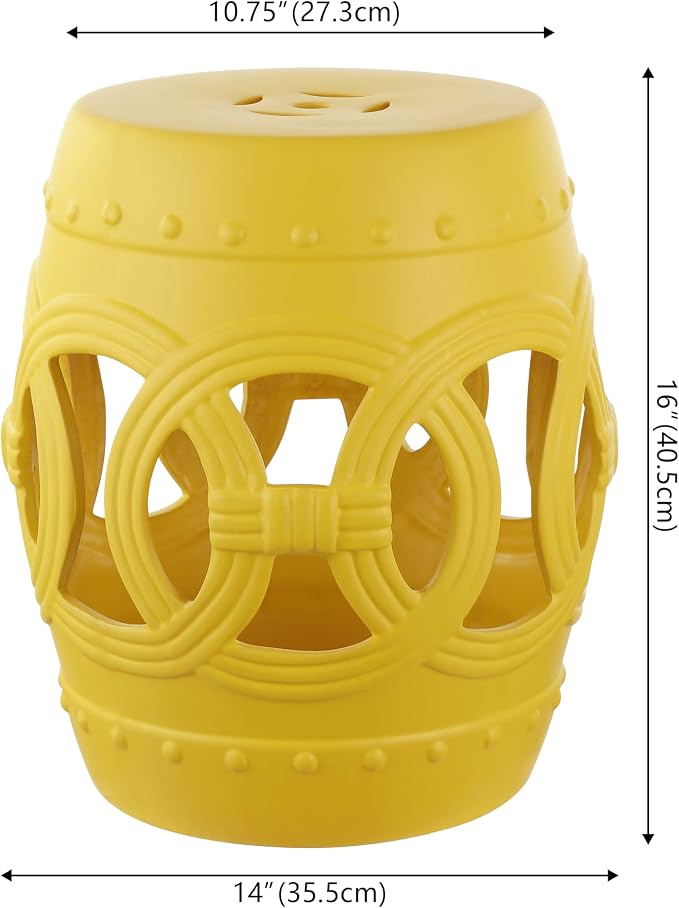 JONATHAN Y Lucky Coins 16" Ceramic Garden Stool, Contemporary Matte Yellow Cutout Interlocking Rings Drum Indoor/Outdoor Side Table and Plant Stand for Patio, Garden, Living Room TBL1022E