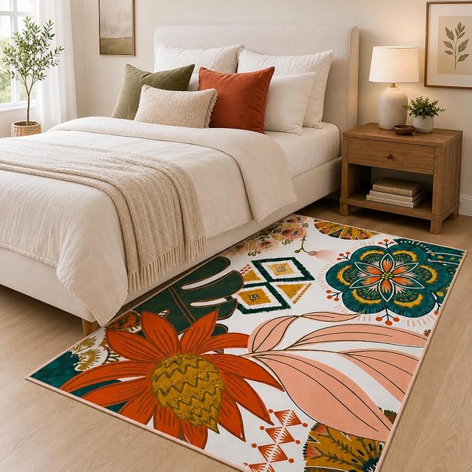 Tyrot Boho Floral 3x5 Washable Area Rug Flat Woven Ultra-Thin Low Pile Rug Non Slip Indoor Rug for Living Room, Bedroom, Entryway, Nursery, Dorm, Blush Pink