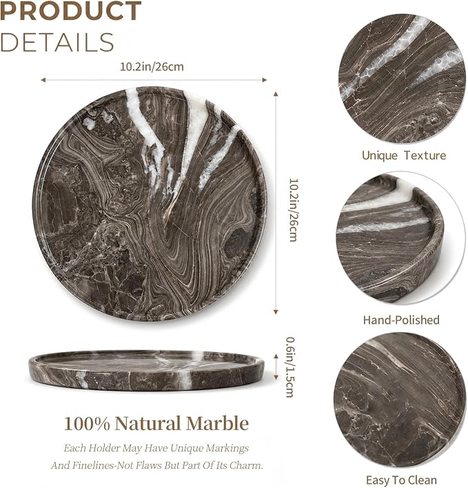 Real Natural Marble Round Tray 10.2in Solid Stone Decorative Plate | Luxury Brown Marble Decor Tray for Candle, Jewelry, Plant. Food-Safe Solid Stone Serving Dish with Unique Veining