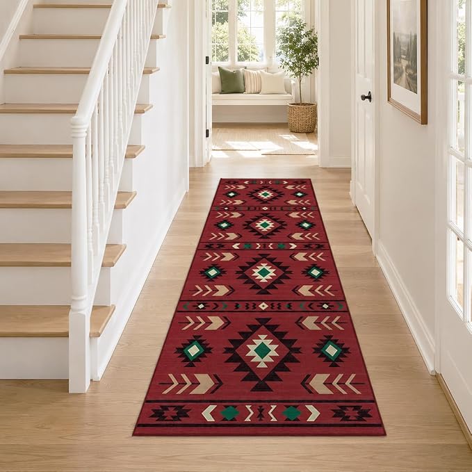 Western Runner Rug 2x6 for Hallway Kitchen Bedroom, Southwestern Aztec Tribal Runner Rugs Southwest Navajo Machine Washable Rug Non-Slip Printed Low-Pile Floor Carpet Mat for Living Room, Red