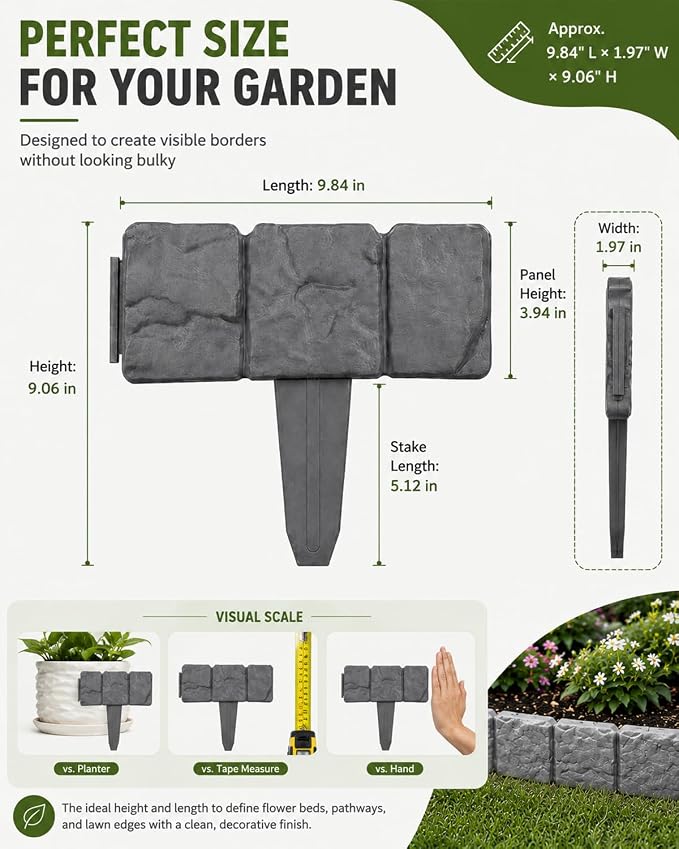 Faux Stone Garden Fence No Dig Landscape Edging Border (Gray, 20pcs) | Plastic interlocking panels create a rock look for flower beds lawn pathways patio yard decor