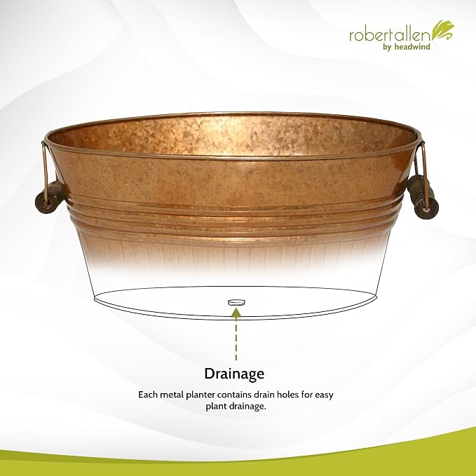 Headwind Vintage Collection 14-Inch New Penny Oval Galvanized Tub with Handles – Metal Wash Basin Planter - Galvanized Metal Tub for Indoor & Outdoor Use by Robert Allen