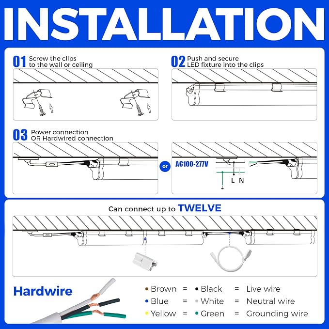 Barrina T5 LED Shop Light 2FT, 6500K (Super Bright White), Utility Shop Lights, Ceiling and Under Cabinet Light, ETL Listed, Corded Electric with Built-in ON/Off Switch, 6 Pack