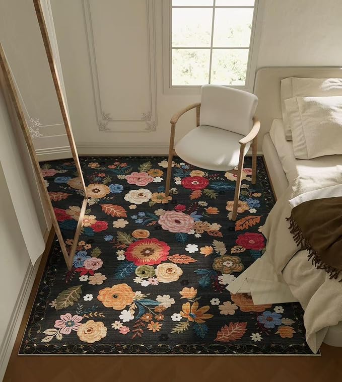 4x6 Washable Area Rugs for Bedroom: Small Living Room Rug with Non Slip Backing Low Pile Soft Faux Wool Distressed Vintage Floral Throw Rugs for Entryway Kitchen Office Nursery Entrance Enytry Indoor