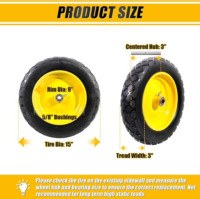 MZREXN 4.80/4.00-8" Flat Free Tire and Wheel 15" Wheelbarrow Tires | 3.00-4.00/4.80-8" Solid Tire with 5/8" & 3/4" Bearings, 3" Centered Hub for Hand Truck Garden Trailers 2PCS Yellow