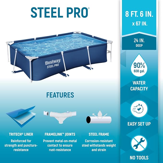 Bestway Steel Pro 8.5 Feet x 67 Inch x 24 Inch Rectangular Steel Frame Above Ground Outdoor Backyard Swimming Pool, Blue (Pool Only)