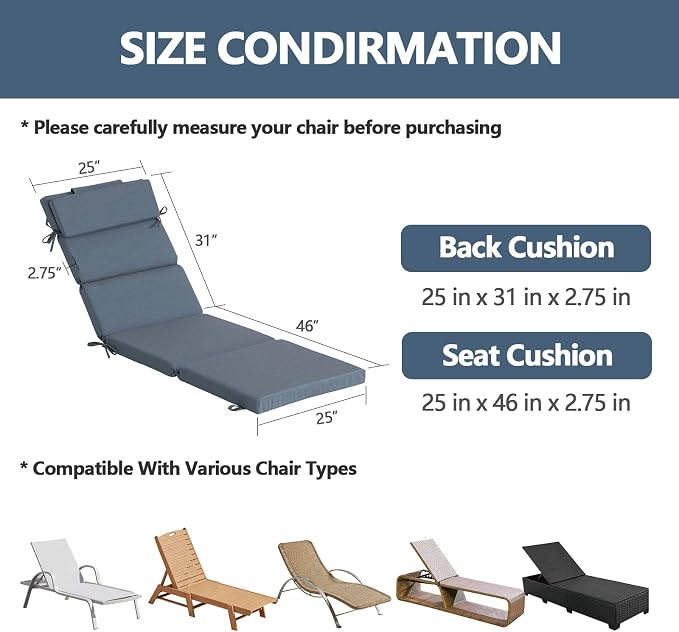 Goodgoods 77"x25"x2.75" Sunbrella Outdoor Lounge Chair Cushion, Fade-Resistant & Water-Resistant Patio Furniture Cushion with 30D High Resilience Foam, Insert Straps, Spectrum Denim