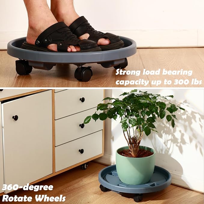 5 Pakcs Large Plant Caddy with Wheels 15.8" Rolling Plant Stands Heavy-duty Plastic Plant Roller Base Pot Movers Plant Saucer on Wheels Indoor Outdoor Plant Dolly with Caster Tray Coaster Grey