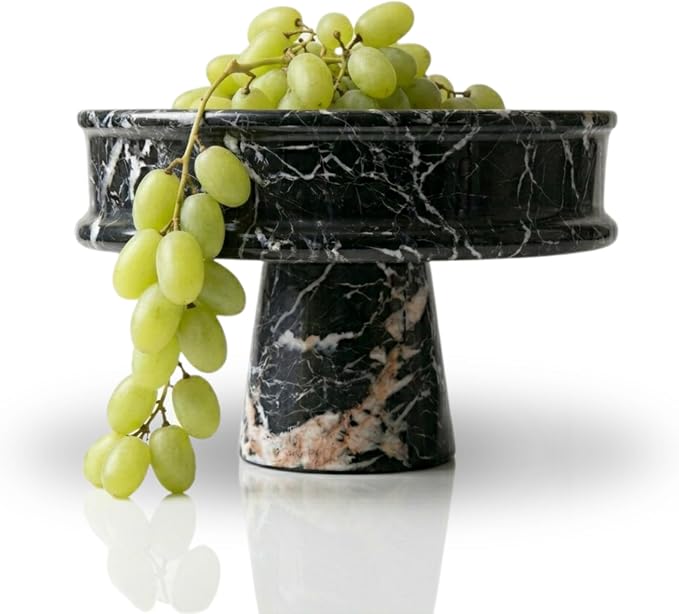 Marble Fruit Bowl for Kitchen Counter, 10" Handcrafted Natural Stone Decorative Bowl, Catch-All Key Dish, Dining Table Centerpiece, Pedestal Bowl, & Housewarming Gift (Black Marble)