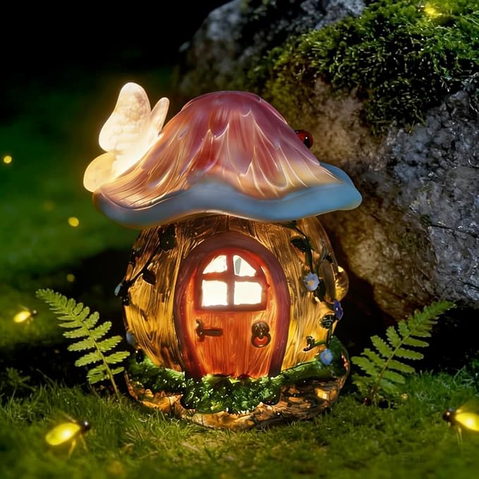Mushroom Fairy Garden House Statue Outdoor Figurine with Solar Light,Garden Fairy House Decor,Fairy Cottage Ornaments,for Patio Yard Balcony Decoration,Gifts for Mom & Women