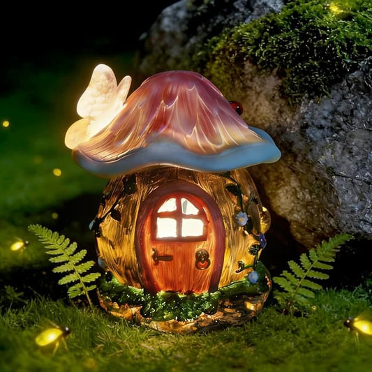 Mushroom Fairy Garden House Statue Outdoor Figurine with Solar Light,Garden Fairy House Decor,Fairy Cottage Ornaments,for Patio Yard Balcony Decoration,Gifts for Mom & Women