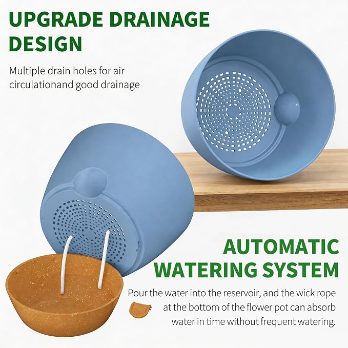 12/10/9/8/6 Inch Self Watering Pots for Indoor Outdoor Plants, Set of 5 Large Plastic Planters with Visual Water Window, Drainage Holes & Watering Lip, Modern Decorative Flower Pots (Blue)