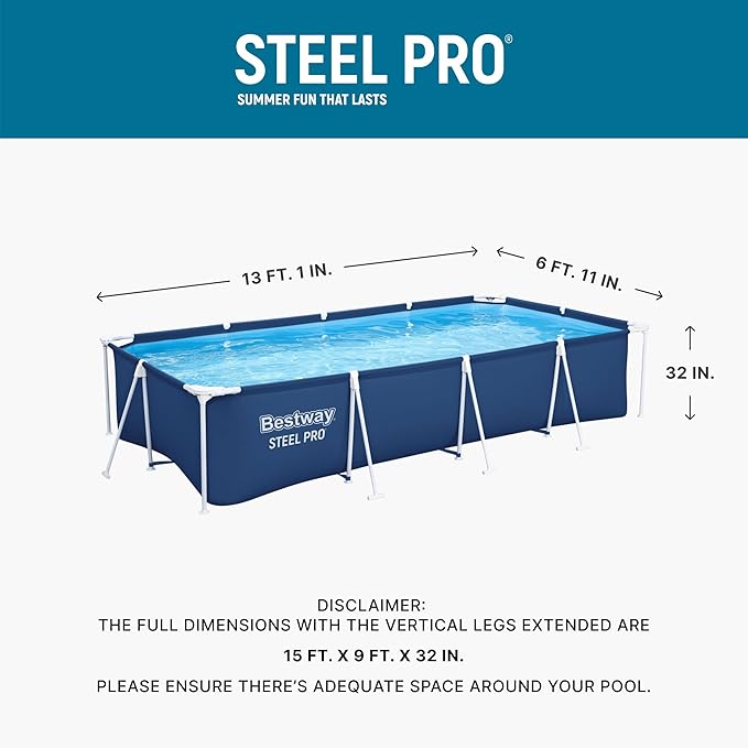 Bestway Steel Pro 13.1' x 6.8' x 32" Above Ground Swimming Pool, Pool Only | Rectangular Durable Metal Frame Pool, Outdoor Backyard Water Activity - Includes Puncture-Resistant Liner, No-Tool Setup