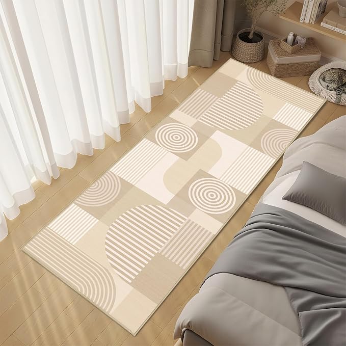 Beige Geometric 2x6 Runner Rug for Hallway Kitchen Bedroom White Machine Washable Mid Century Modern Rug Non Slip Low Pile Minimalist Line Rugs Long Floor Mat Carpet for Bathroom Laundry,Beige