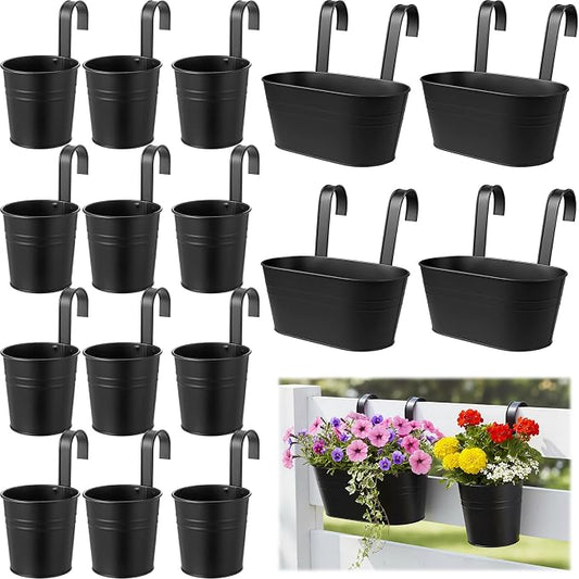16 Pcs Hanging Flower Pots Planters for Outdoor Metal Iron Wall Flower Planter Baskets for Railing Fence Balcony Garden Yard Home Indoor Decoration with Detachable Hooks(Black)