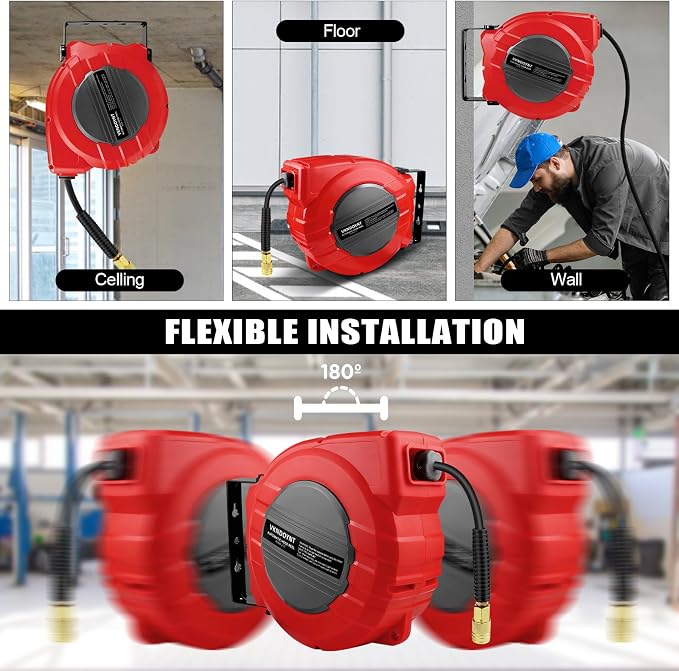 Vkndoynt Retractable Air Hose Reel, 1/4 IN x 50 FT Hybrid Polymer Hose, Auto Rewind, Wall Mount, Dark Gray/Red