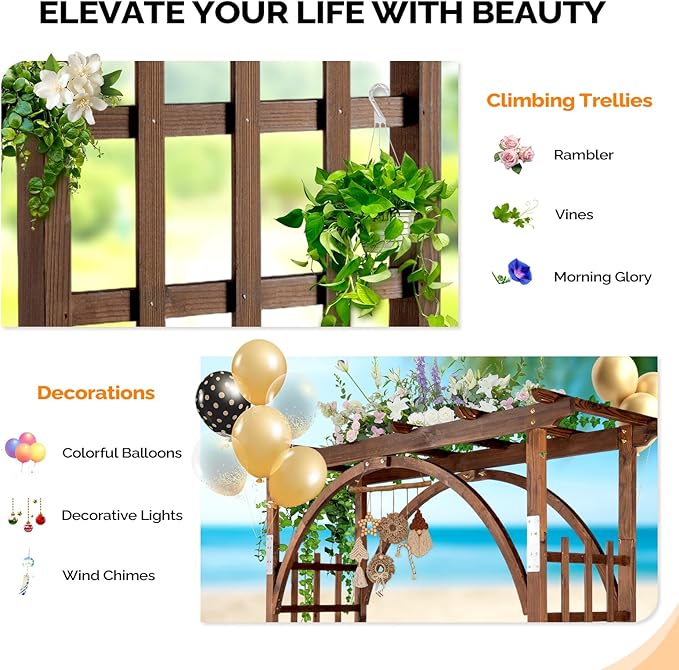 VINGLI 85in Wooden Arbor Garden Arch, Wedding Arch for Ceremony, Wood Trellis for Plant Climbing, Christmas Decor Pergola for Garden Backyard, Lawn (Wooden Brown)