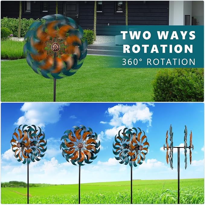 Stargarden Garden Wind Spinners, 13”W Kinetic Wind Sculptures | 4 Layers Windmills Lawn Ornament Décor