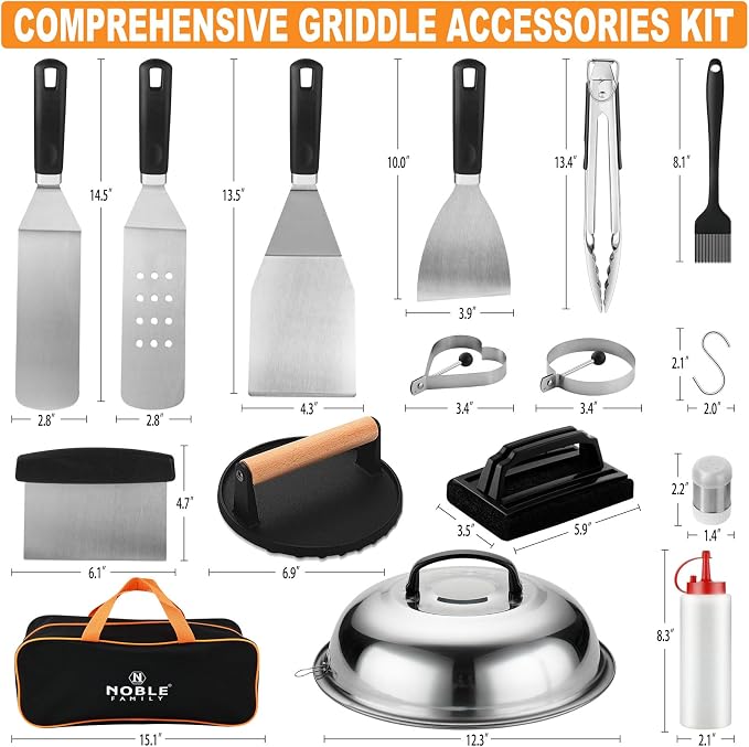 N NOBLE FAMILY 27 PCS Griddle Accessories Kit, Flat Top Grill Accessories Set for Camping, Professional Griddle Spatula Set with Melting Dome, Burger Press for Outdoor BBQ Teppanyaki
