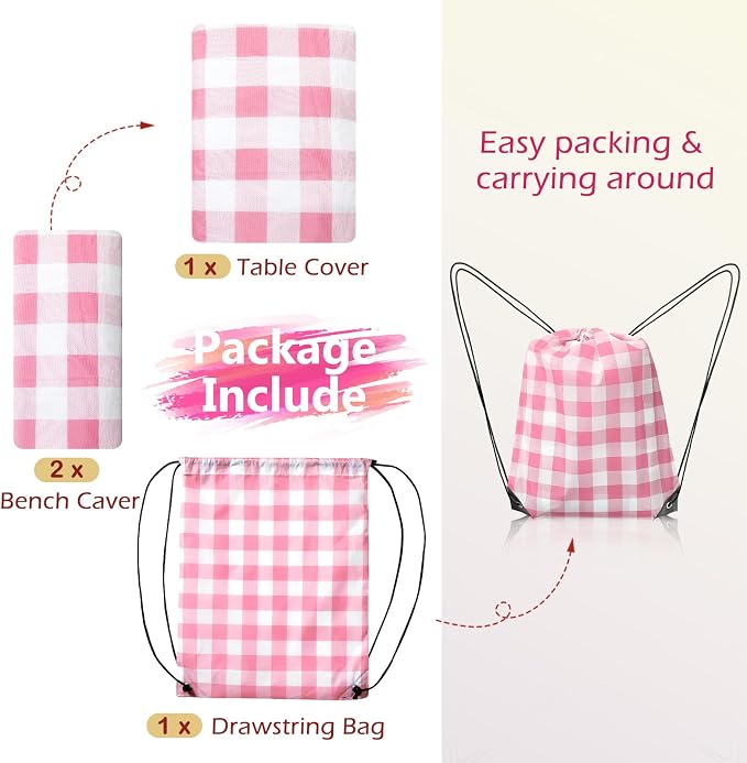 Picnic Table Cover with Bench Covers and Bag, Camping Essentials Camping Table Cover with Elastic Edges, 72x30 Inches 3 Pcs Set (Pink)